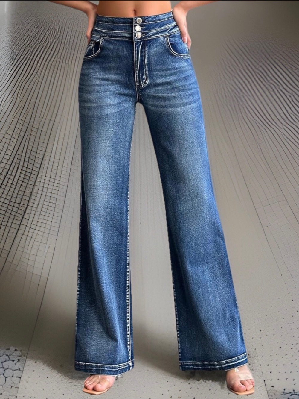 Roswear Women’s High Waisted Wide Leg Jeans Light Blue Stretch Denim Sz L EUC